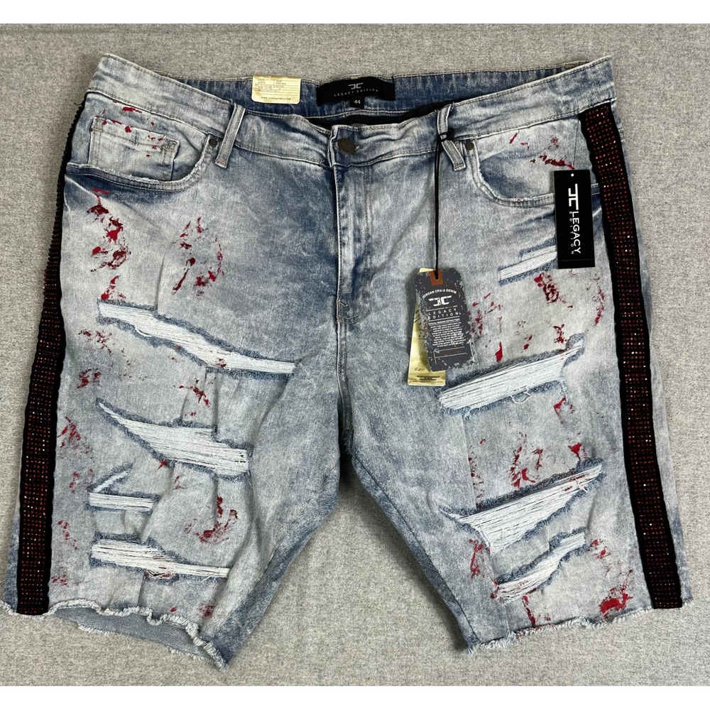 NEW Jordan Craig Vegas Stripe Jean Short 44 12" Blue Distressed Paint Rhinestone